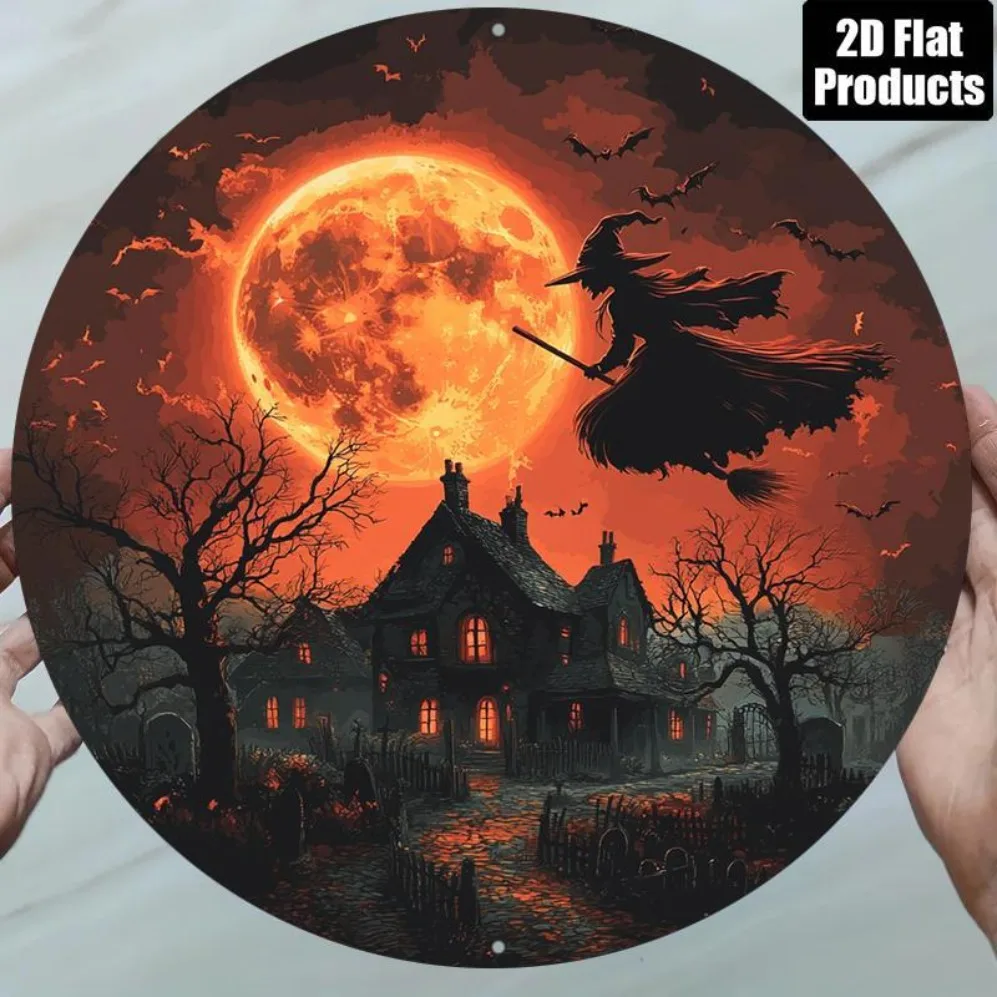 

Хэллоуин Ведьма и Замок 2D Плоский круглый алюминиевый знак — винтажный настенный декор высокой четкости 8x8 дюймов | Жуткий дизайн дома