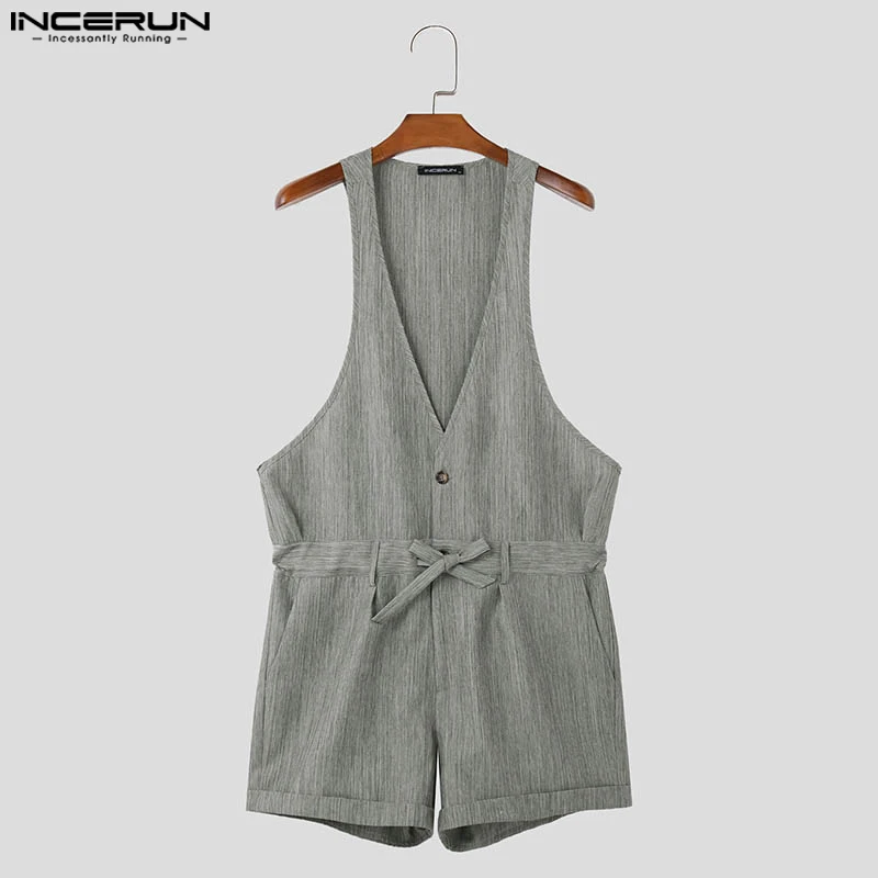 INCERUN 2024 American Style Rompers Men\'s Hot Sale Two Tone Deep V-sleeveless Jumpsuits Casual Streetwear Solid Bodysuits S-5XL