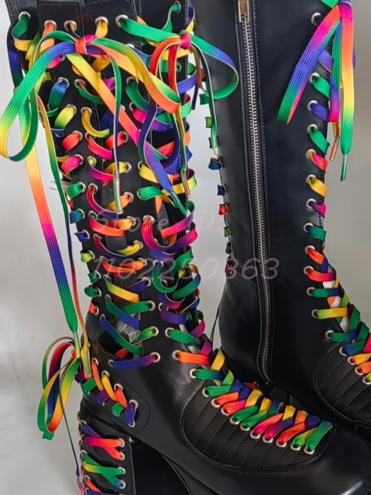 Rock Rainbow Riband Knight Boots Round Toe Leather Laces Cross-tied Square Heel Knee-high Boots 2024 New Women Fashion Shoes - view 6