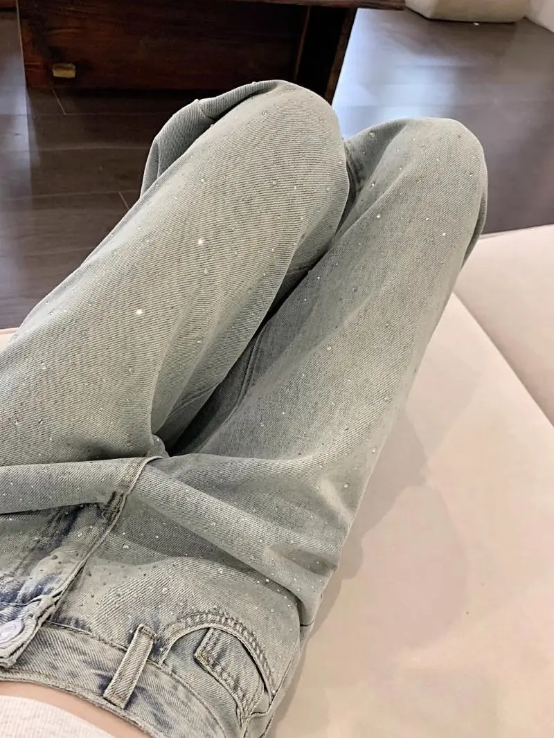 

Джинсы женские с высокой талией, прямые, из денима, весенняя новинка, с блестками, эффект стройности, широкие штанины, со стразами