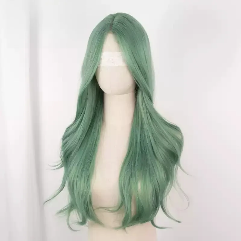 Green Long Big Wavy Synthetic Cosplay Wig, Front Lace Full‑Head Wig for Halloween Event Party Cos Costume Role‑Playing