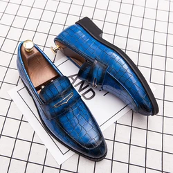 shoes men leather original Italian Classic Blue penny loafer shoes Red Dress Shoes Wedding Shoes Men Formal Flats big size：38-48