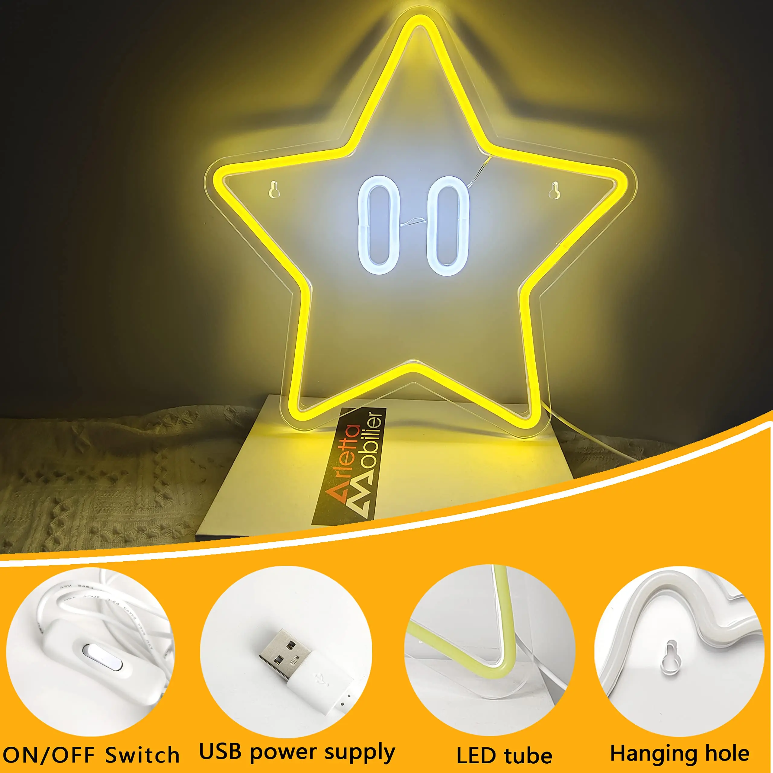 LED Star Neon Light Wall Light USB Powered Neon Sign Wall Bedroom Kids Room Living Room Christmas Party Home Decoration