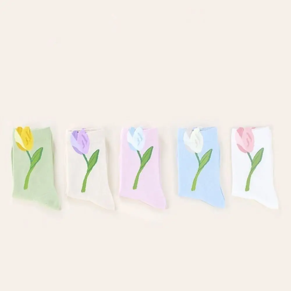 

5Pairs Soft Thin Tulip Flower Socks Sweet Breathable Mid Tube Socks Female Hosiery Socks for Women Lady
