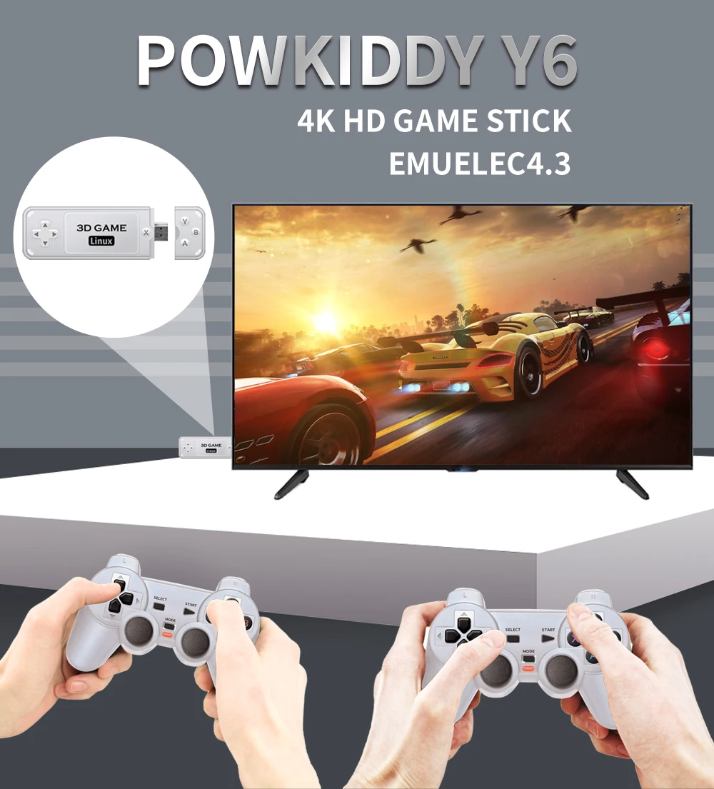 Powkiddy y6 2.4g jogo sem fio tv vara retro para ps1 família portátil console de videogame 4k hd suporte multiplayer 10000 jogos