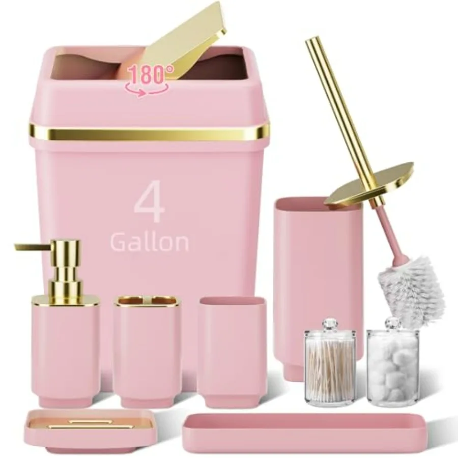 

Розовый набор аксессуаров для ванной комнаты, 9 шт., с большой мусорным баком на 4 галлона, полные аксессуары для ванной комнаты с держателем для зубных щеток, мыло