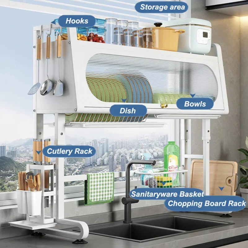 Kitchen Sink Storage Shelf with Cabinet Door Height Adjustable Bowl Draining Rack Countertop Dish Knife Spoon Sink Rack Set