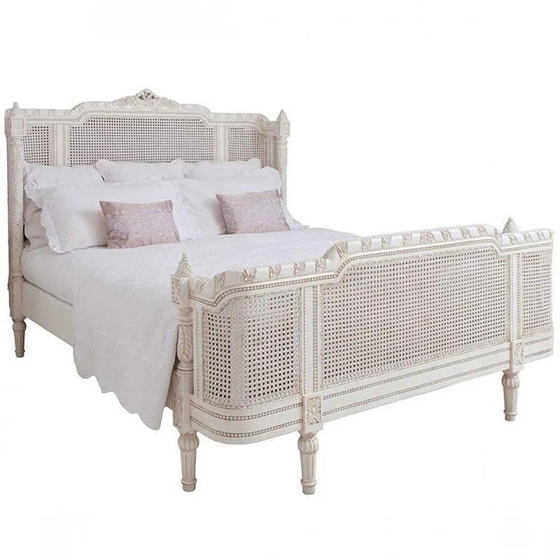

French vintage solid wood bed carved old rattan bed American country double Roman columns full solid wood princess