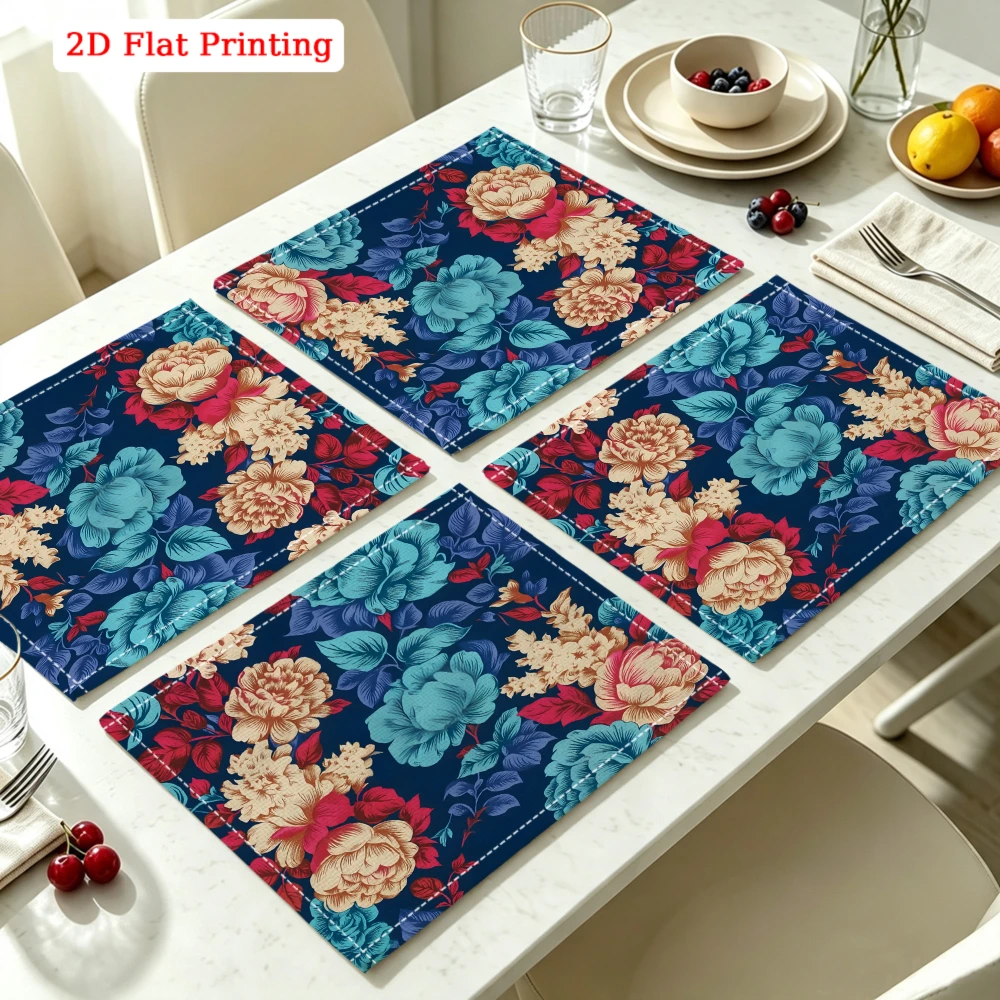 2Pcs Vintage Floral Placemat Navy Blue Peony Flower Print Table Mat For Kitchen Dining Home Decor Heat Resistant 30X40Cm