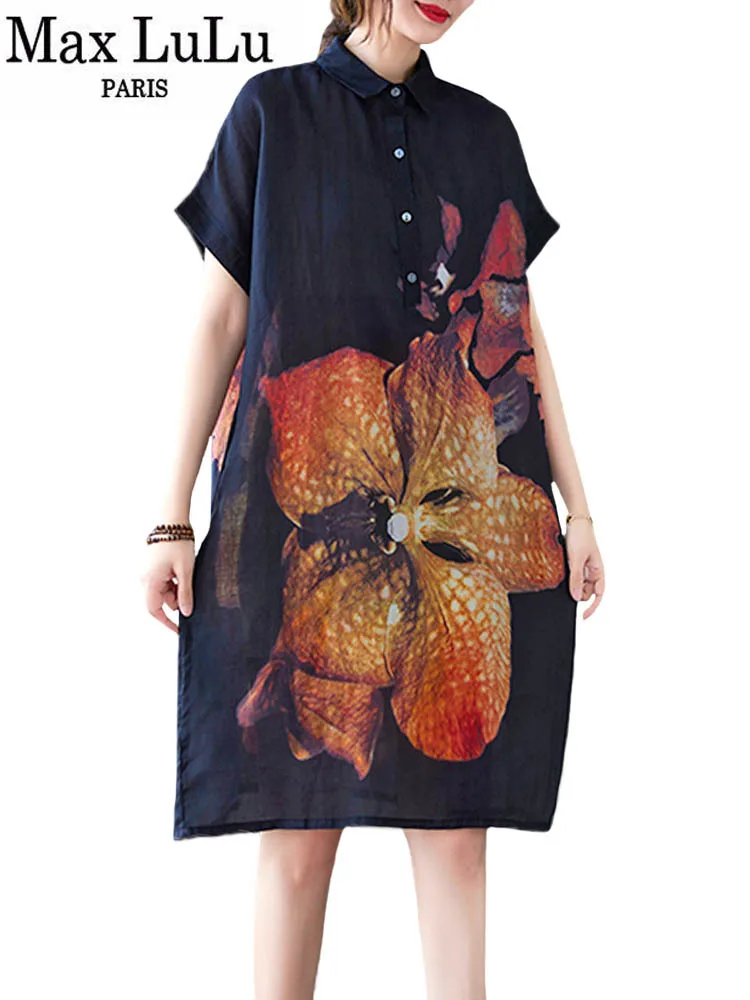 Max LuLu British Summer Style 2024 Dress Womens Flowers Printed Office Dresses Ladies Short Sleeve Casual Vestidos Girl Clothes