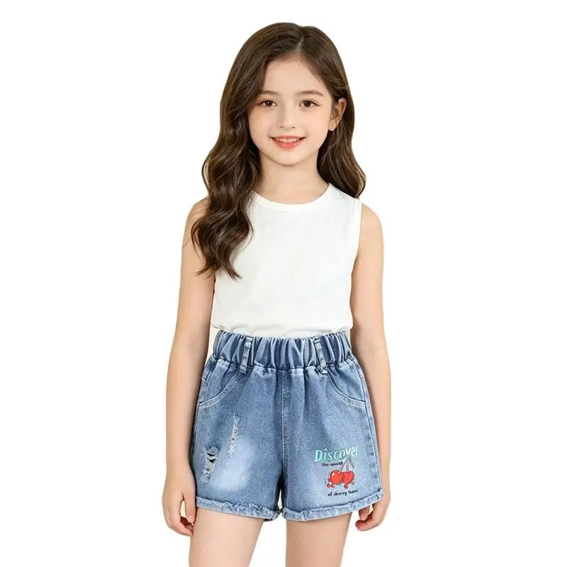 Kindershorts 2026 Sommer Neu Mädchen Koreanisch Bedruckte Gewaschene Zerrissene Weiche Denim-Shorts für 3-10 Jahre Alte – Detail 2
