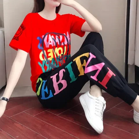 Women\'s 2025 Spring Summer New Casual Sports Suit Short Sleeved Printed T Shirt And Harem Pants Two Piece Set For Women Clothing
