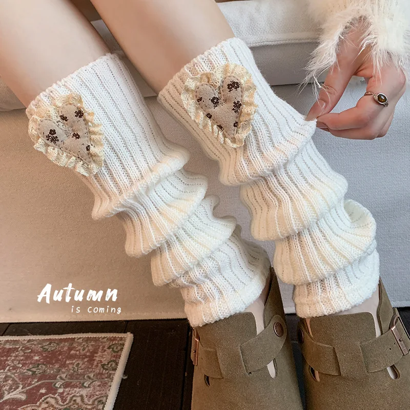 

Female Autumn-Winter Merlot Warmth Leg Cover-Up Thick Leg Warmth Socks Heart-shaped Solid Color Knitted Mid-Calf Leg Cover-Up