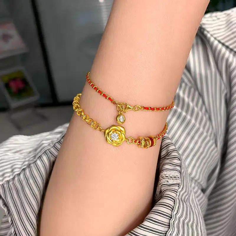 

Браслет из настоящего золота 9999 24 карата в горошек с бриллиантами и розой для женщин, высококачественная легкая роскошная боковая цепочка, плетеный красный веревочный наконечник