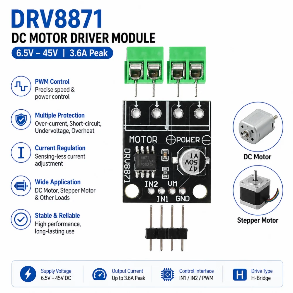 DRV8871 6.5-45V DC H-bridge Motor Driver Module 3.6A Brushed Motor Driver PWM Control Driver Module Short-circuit Protection