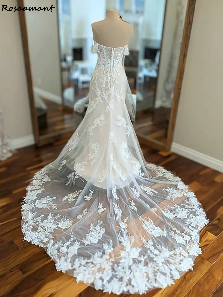Vestidos de novia de sirena con hombros descubiertos, ilusión elegante, apliques sin mangas, vestidos de novia campestres de encaje