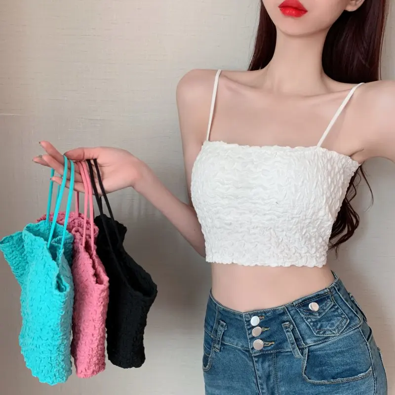 Women's Summer Strap Vest Integrated Chest Pad One-Shoulder Inner Wear Beautiful Back Strap Bra Top Base Layer Cotton Blend