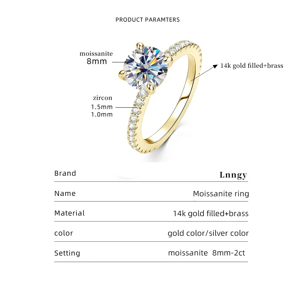 Lnngy Certified 8mm 2ct Moissanite Solitaire Ring 14K Gold Filled Engagement Rings For Women Wedding Party Jewelry Gift - view 2