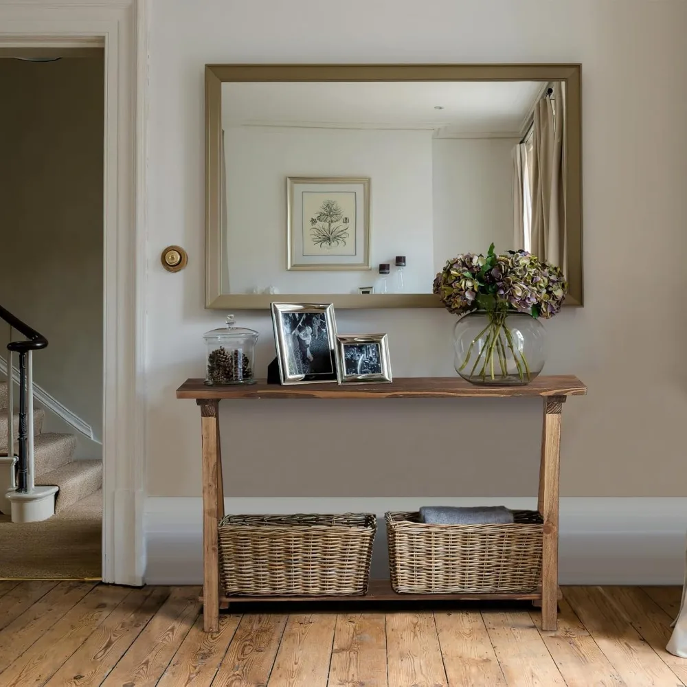 Mesa de console rústica de madeira maciça, mesa de sofá de dois camadas 43,3, estilo fazenda natural para sala de estar e entrada