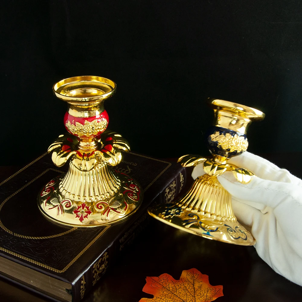 

Orthodox Church Cross Lamp Gold Plated Religion Decor Church Home Table Candle Stick Candle Holder With Glass Cup Wick Box Gift