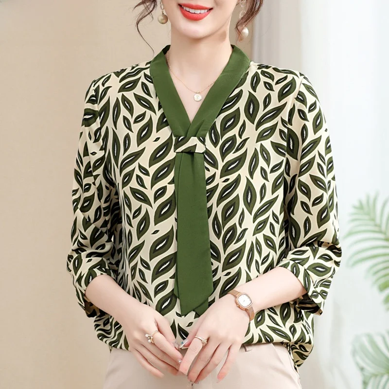 

Faionable Autumn irt Seven Sve Women's Top And Bot Set for Middle-Aged Mothers Summer Chiffon Outfit Loose Fit Sle