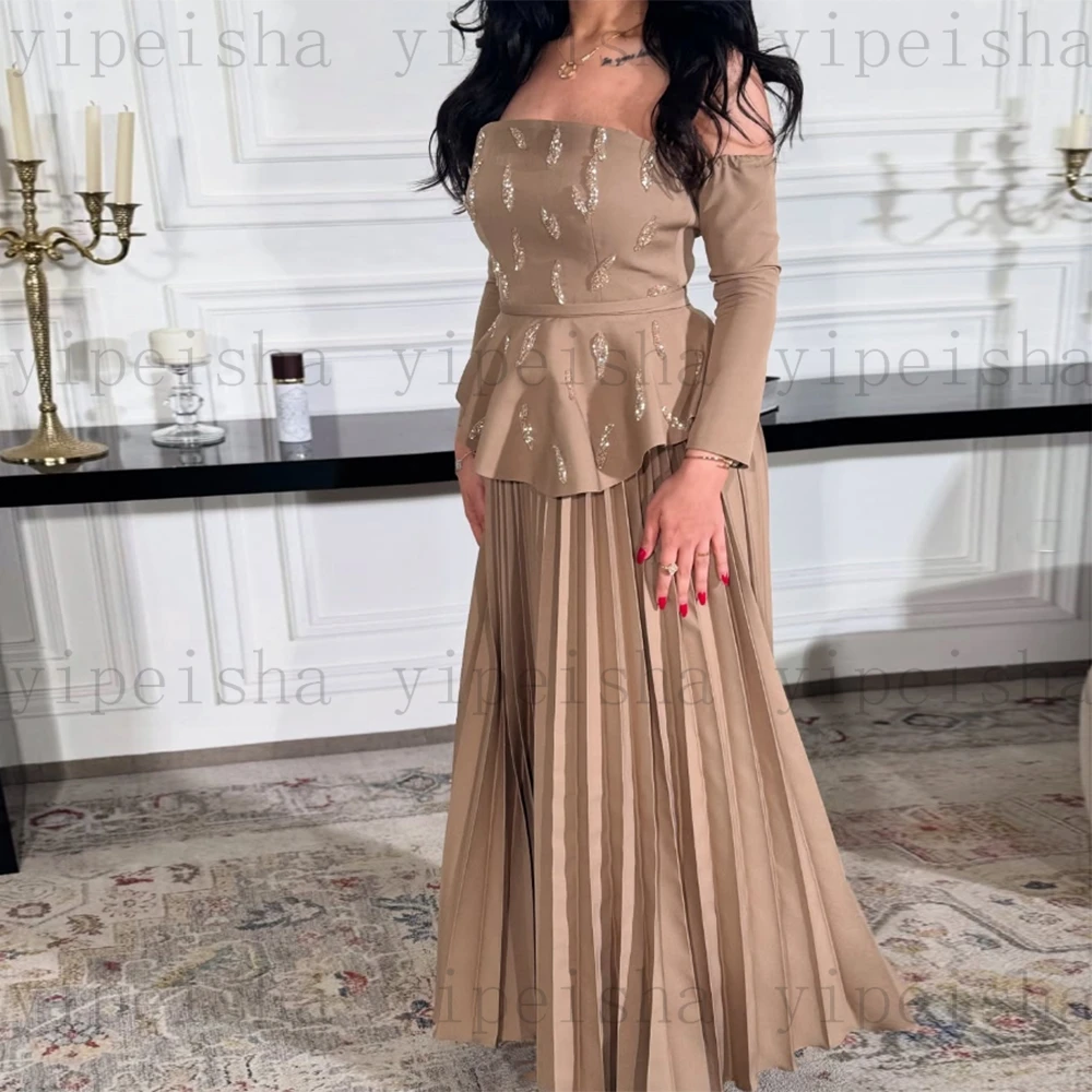 Vestidos de Noche sin tirantes personalizados con hombros descubiertos, vestido de fiesta de manga larga con apliques de encaje y lentejuelas plisado