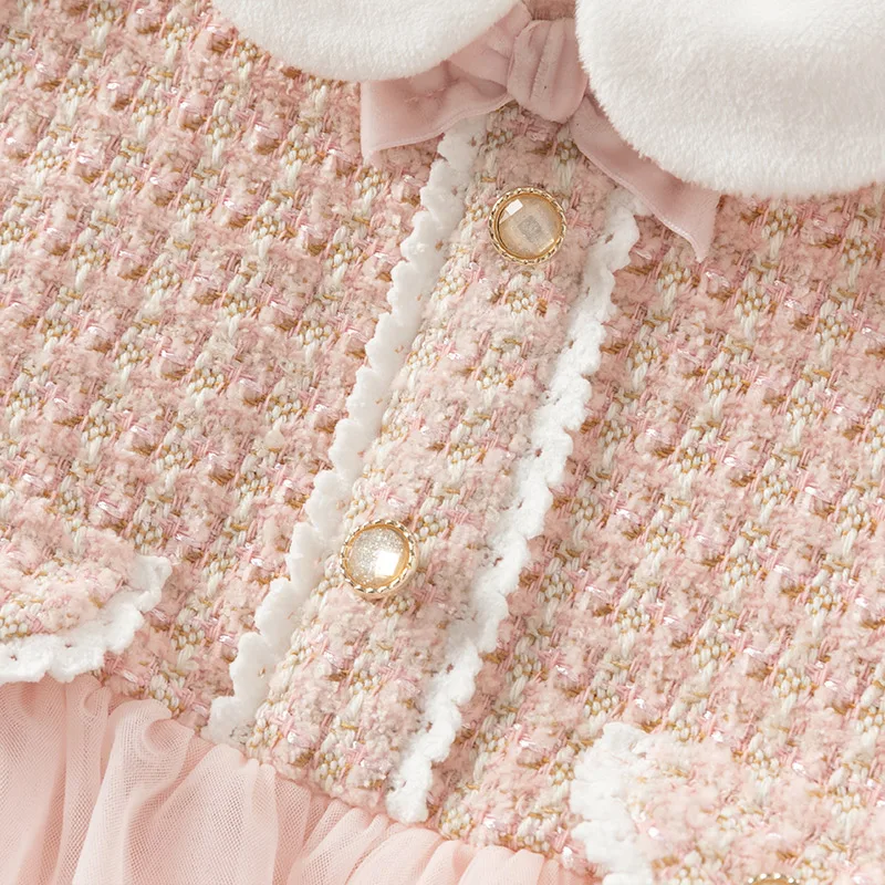 Dave Bella Princess Dress Girls Baby Children 2024 New Autumn Winter  Charm Cute Pink Fashion Long Sleeved Dress DB4243444