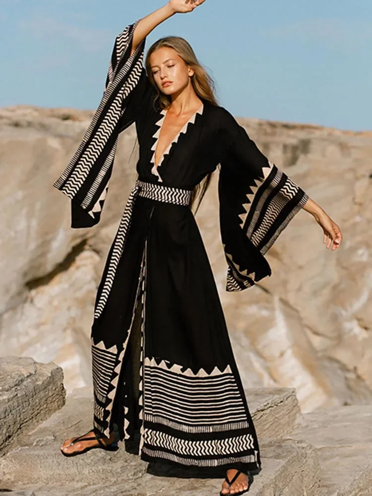 Bikini Cover Up Women Beach Cover-Ups Contrast Color Long Sleeve Summer 2025 New Fashion Lace Up Female Holiday Beachwear