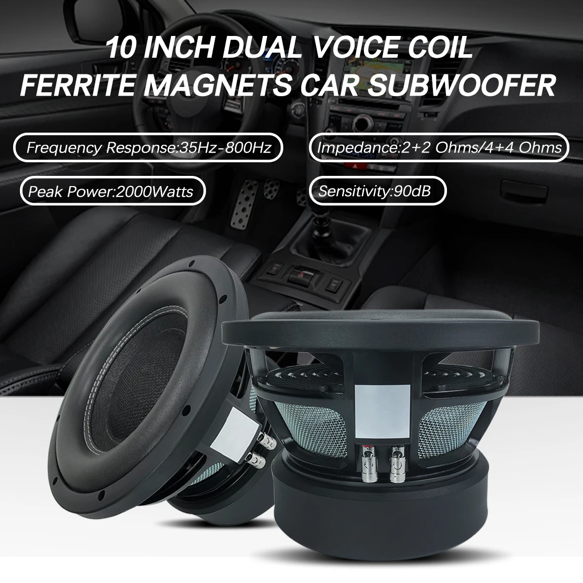 10 Inch RMS 1000W 75mm BASV Dual Voice Coil& Magnet Dual Spider Bass Car Subwoofer Dual 2/4 Ohm Cast Aluminium 90DB speaker