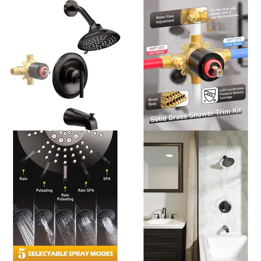 

Single Handle Shower Trim Kit with 6-Inch Rain Shower Head, Tub Spout, Oil Rubbed Bronze Finish, Bathroom Shower Faucet Set