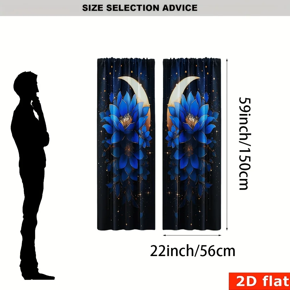 Elegant Blue Water Lily Lotus Floral Curtains Pair Celestial Night Moon Galaxy Window Drapes Curtain Panels Blackout Filtering H