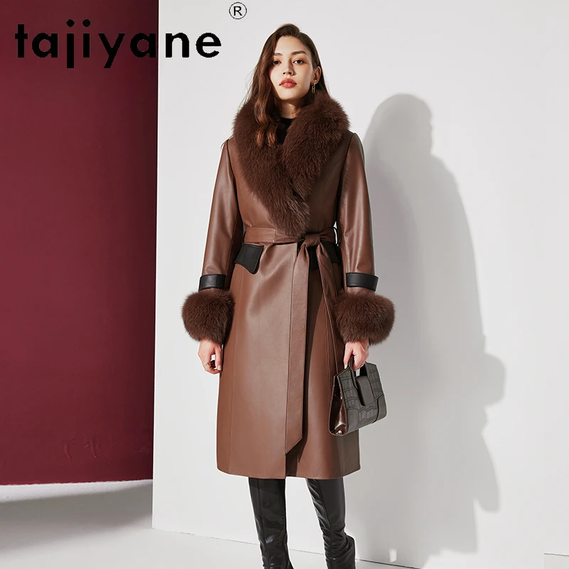 

Tajiyane Genuine Sheepskin Real Leather Jacket Women Winter Long White Goose Down Coats Female Big Fox Fur Collar Elegant Belt