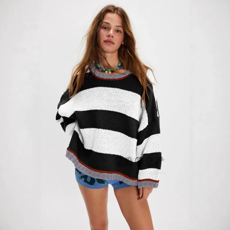 

2025 Fall Winter Color Block Striped Sweater Women, Oversized Knitted Pullover Loose Casual Top, Chic Batwing Sleeve Knitwear