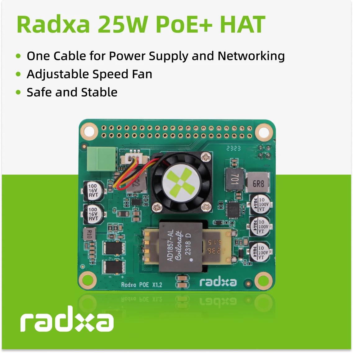 Radxa 25W PoE+ HAT 5V/5A, Compatible with ROCK SBCs, Not Suitable for X4