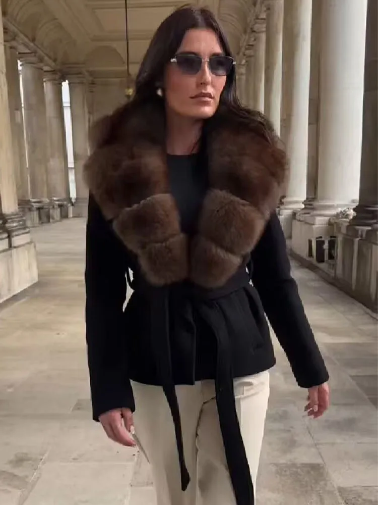 

HH Women's Winter Fashion Coats Black Turn-Down Collar Long Sleeves Pockets Belt Decoration Female Elegant Slim Elegant Coat