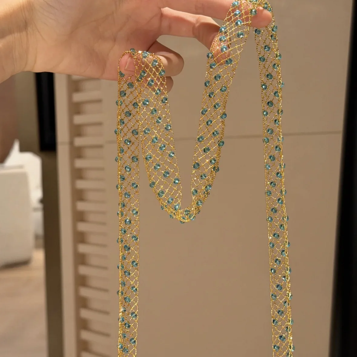 Italian Luxury Shiny Crystal Beaded Tassel Long Scarf Necktie Collar Women's Fine Lace Necklace Jewelry Gift