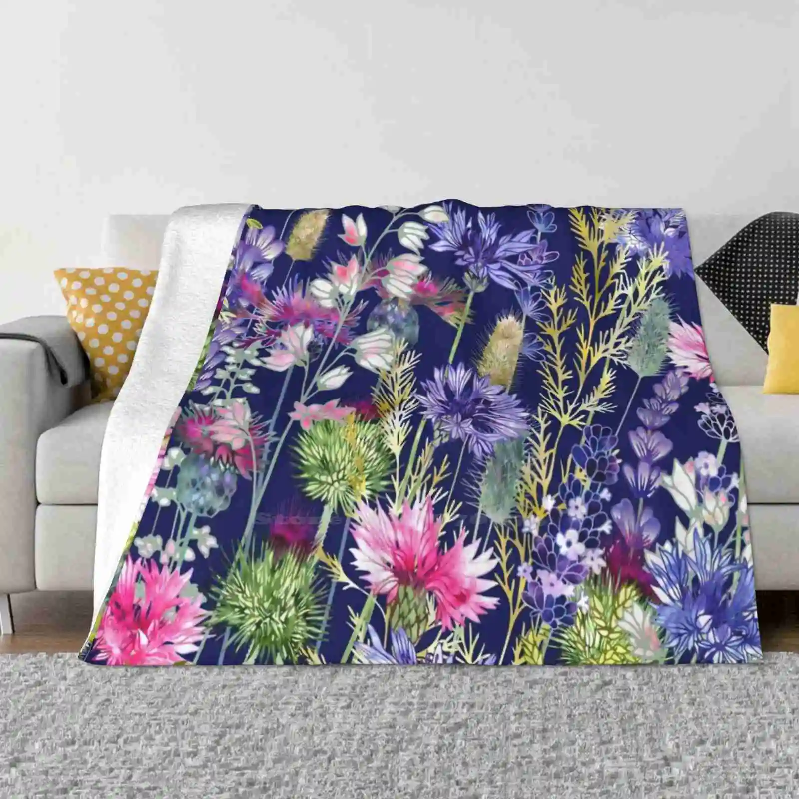 Flower Meadow-Cornflowers , Thistles & Lavender Soft Warm Throw Blanket Fiona Calder Designs Thistles Cornflowers Lavender