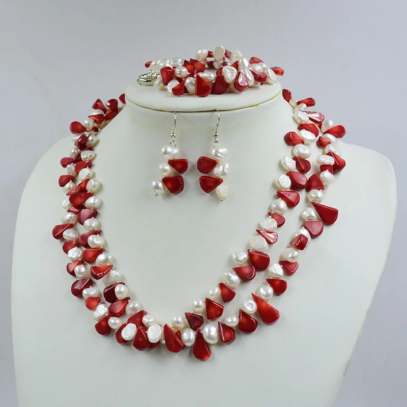 2 strands of natural coral/baroque pearl necklace earrings bracelet suit. Ladies senior gift jewelry 19”