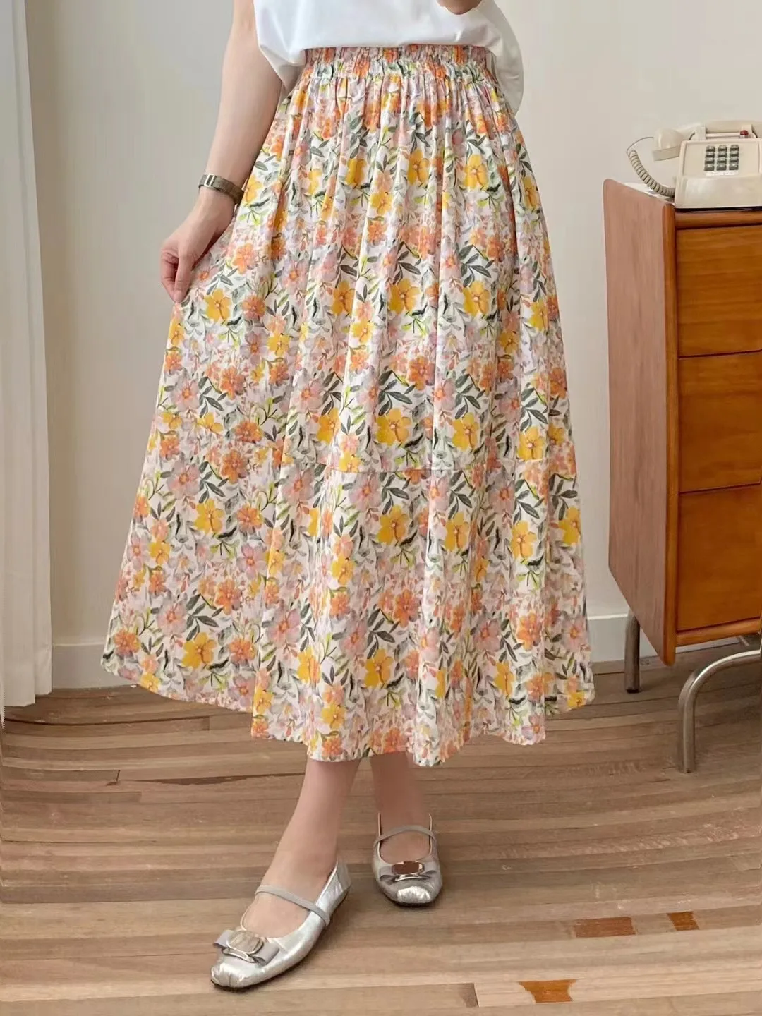 Fashion women's clothing 2024 floral a-line skirt mori girl autumn summer Japan style elastic waist cotton printed long skirts