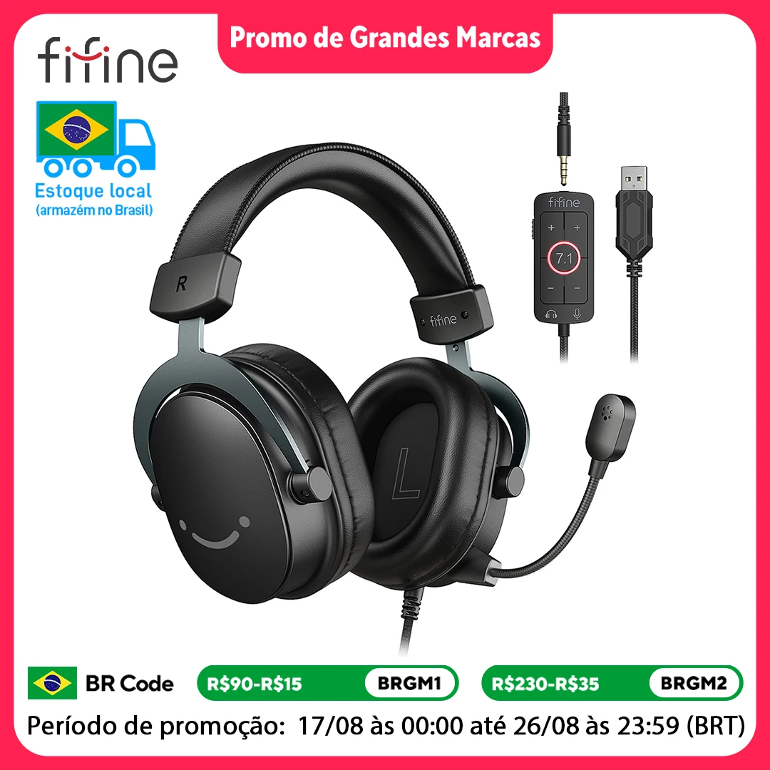 Fone de ouvido para jogos FIFINE H9 com som surround 7.1, controle de volume e interruptor mudo, interface 3,5 mm ou USB para PC/Mac/PS4/PS5/XBox