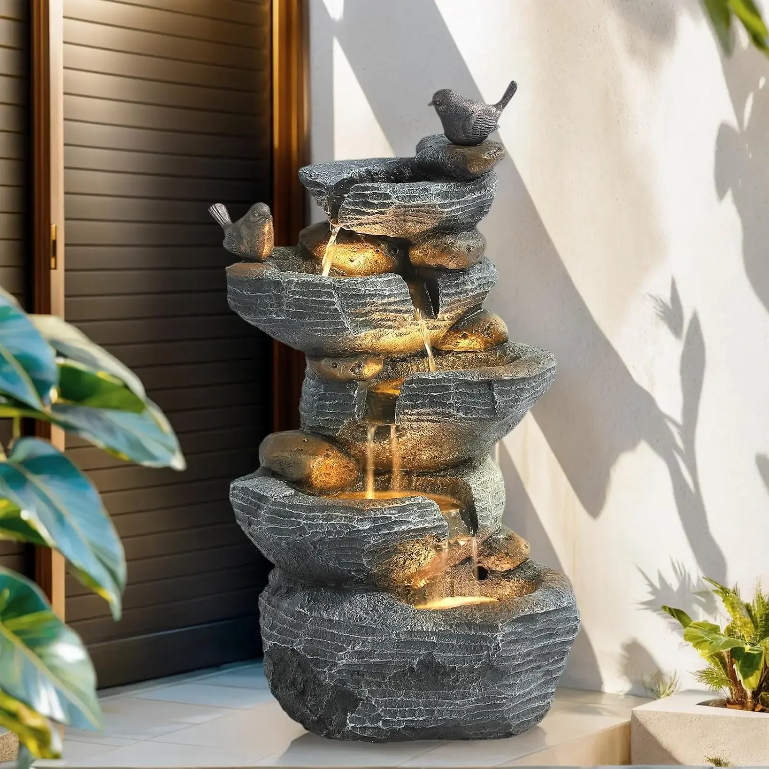 

Outdoor Water Fountain 5 Tier Cascading Rock Waterfalls Fountains with 4 LED Lights and Pump Indoor/Outdoor Modern Floor Standin