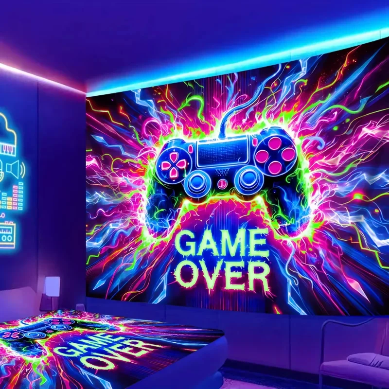 VIKAMA Schwarzlicht-Gaming-Wandteppich Neon-Spielcontroller mit "GAME OVER" Text Wandbehang Hintergrundtuch für Zuhause