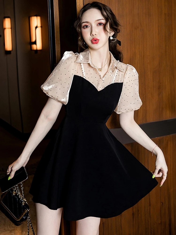 

Korean Style Cute Mini Dresses for Women Sweet Dot Bright Silk Lantern Sleeve Black Short Gown Party Prom Holiday Vestidos Mujer