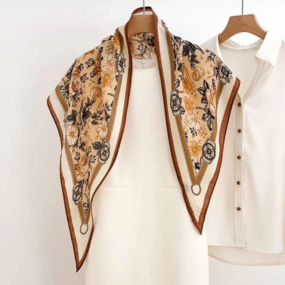 Soft Satin Imitation Silk Scarves Spring Floral Square Scarf For Women Bandanas Luxury Hijab Neckerchief Elegant Shawl Wraps - view 4