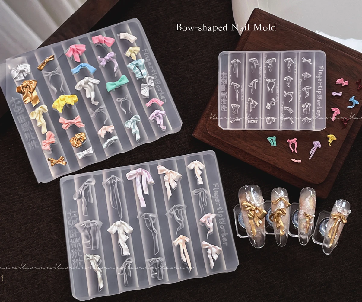1pc 3D Elegant Ribbon Bow Silicone Mold Long Ribbon Nail Art Hand Carving  Decoration DIY Carving Template Transparent Nail Tool