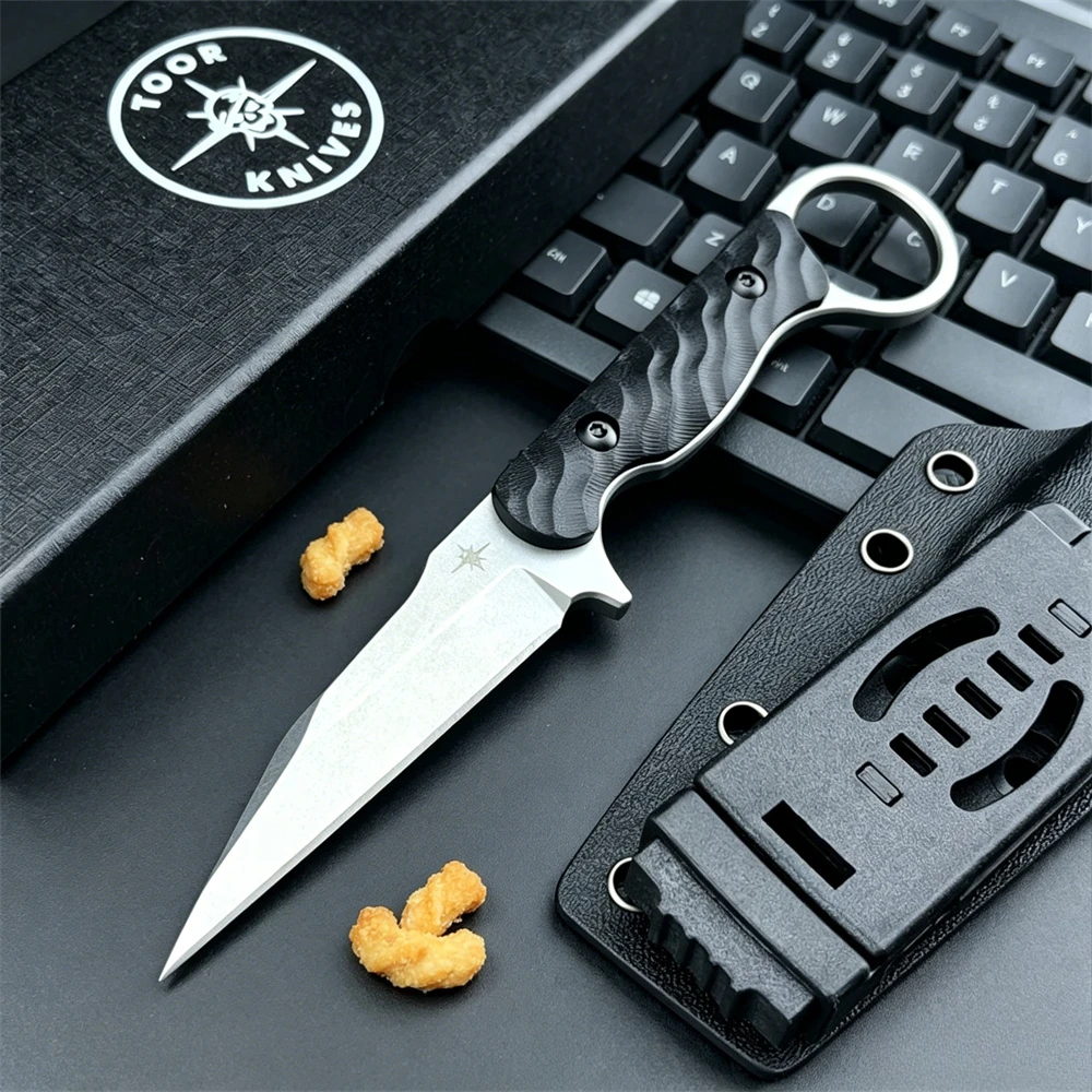 Outdoor Cutting Pocket Fixed Blade Knife, Stonewashed Blade Non‑Slip G10 Handle, Camping Hunting EDC Tool with Kydex Sheath