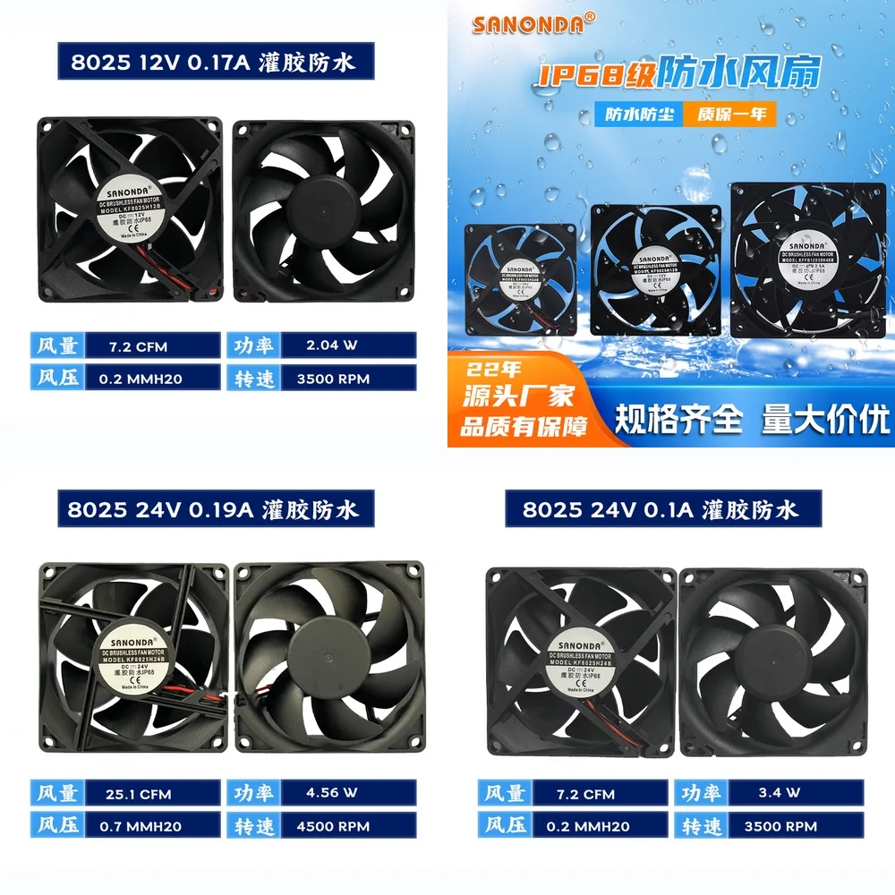

Waterproof DC Cooling Fan for 8025 Size Solar Power Inverters Industrial Equipment Potting IP68 Submersible Pumps Heat