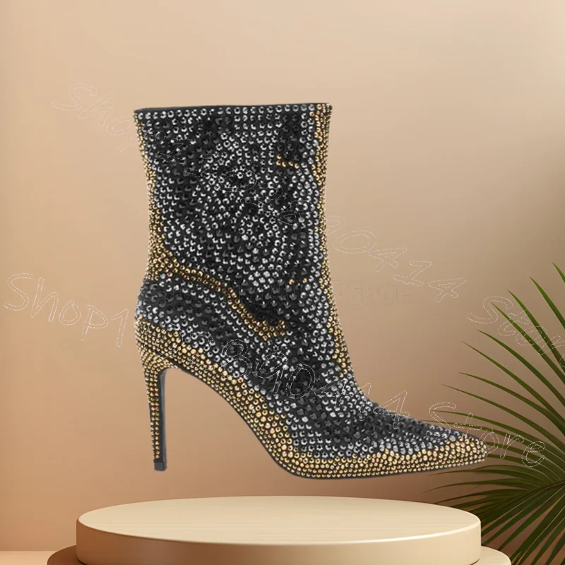 

Colorful Rhinestone Design Pointed Toe Boots Side Zipper Women Shoes Thin High Heels Sexy Party Feast 2025 Zapatos Para Mujere