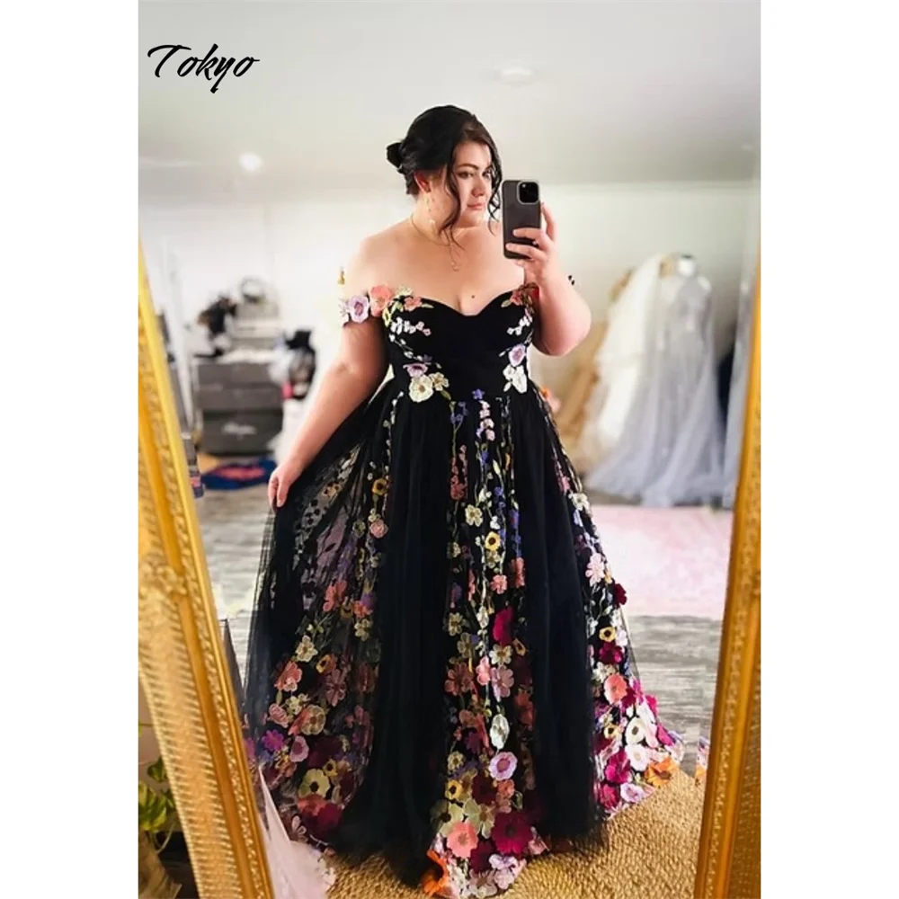طوكيو مخصص الأسود الأزهار الأشرطة فستان الزفاف بلا أكمام زهرة ألف خط فستان زفاف أنيق 2025 الطابق طول ثوب زفاف