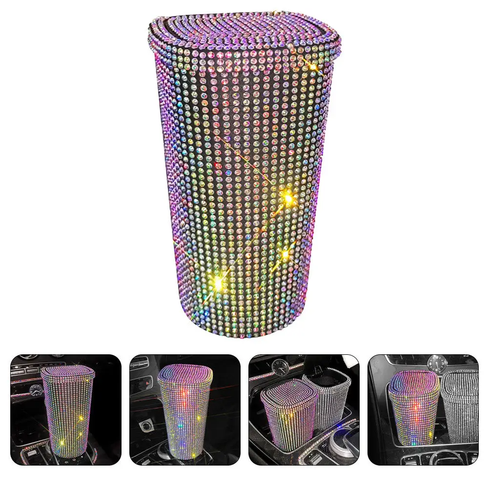 

Car Trash Can Rhinestone Small Trash Bin Car Organizer with Lid Auto Garbage Container Multifunctional Vehicle Storage